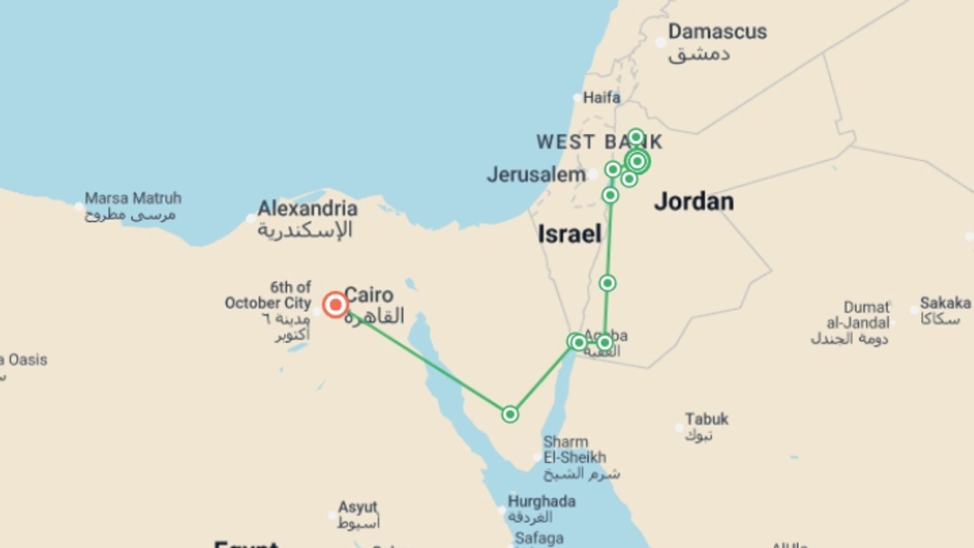 A map showing the tour itinerary for the trip: Lights of Jordan and Cairo, starting in Amman, Jordan and ending in Cairo, Egypt going through 4 other destinations.