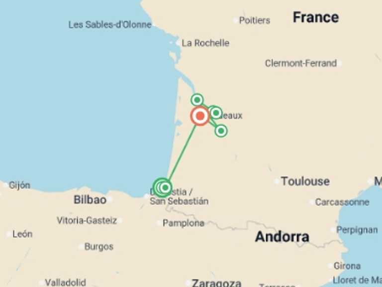 Map of Europe Tour with 6 destination visits for the trip: From the French Basque Country to Bordeaux - Fine French cuisine at the foot of the Pyrenees and a cruise to discover Bordeaux and its outlying areas (port-to-port cruise)