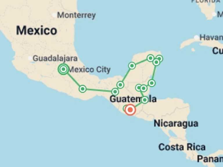 Map itinerary of North America Tour in June 2026 with 15 destination visits for the trip: Epic Mexico, Belize & Guatemala