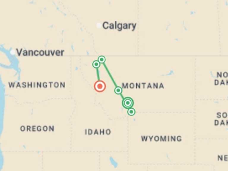 Map of 10-Day North America Tour with 7 destination visits for the trip: Montana: Exploring Big Sky Country featuring Yellowstone & Glacier National Parks