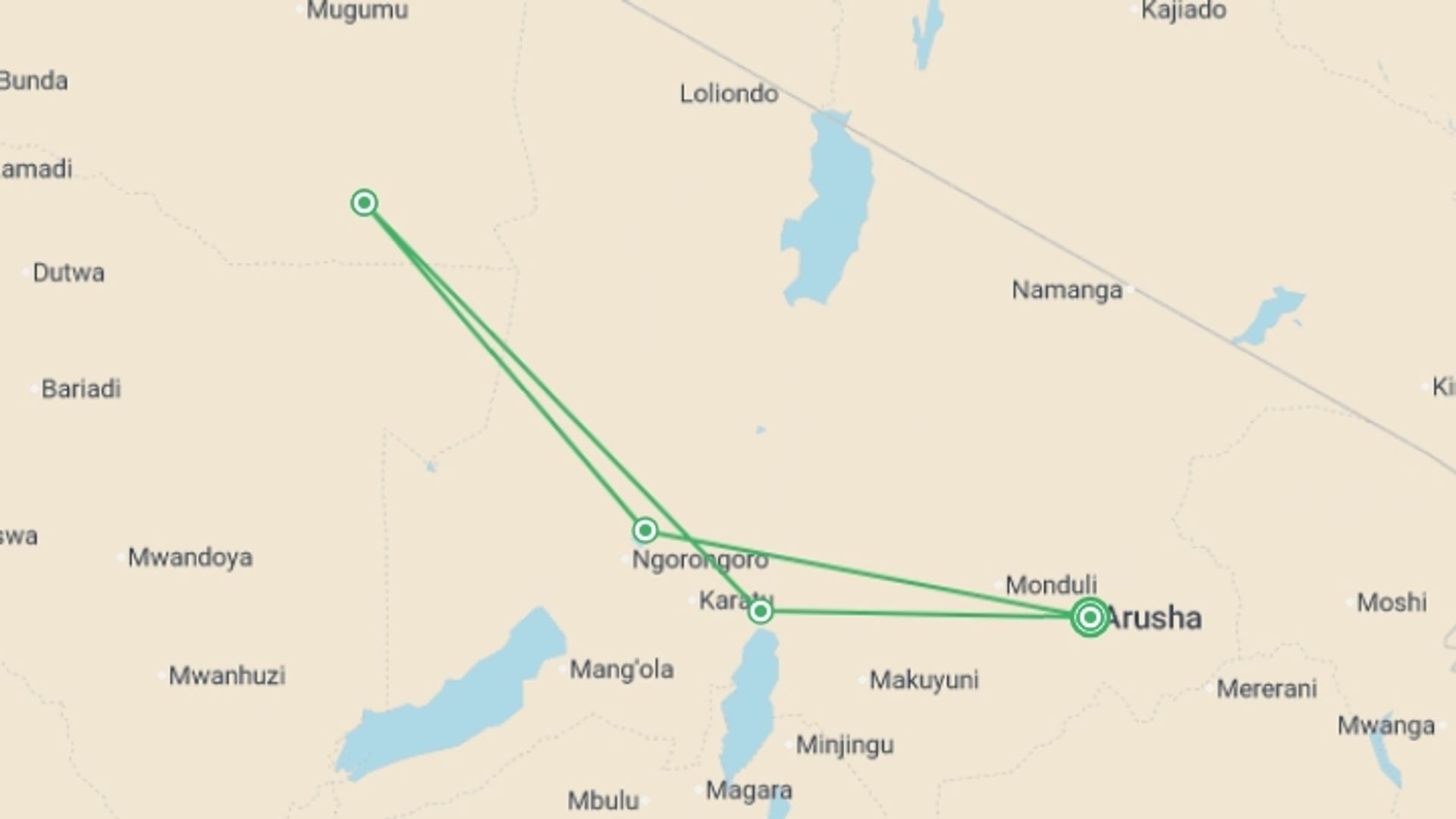 A map showing the tour itinerary for the trip: Essential Tanzania, starting in Arusha, Tanzania and ending in Arusha, Tanzania going through 3 other destinations.