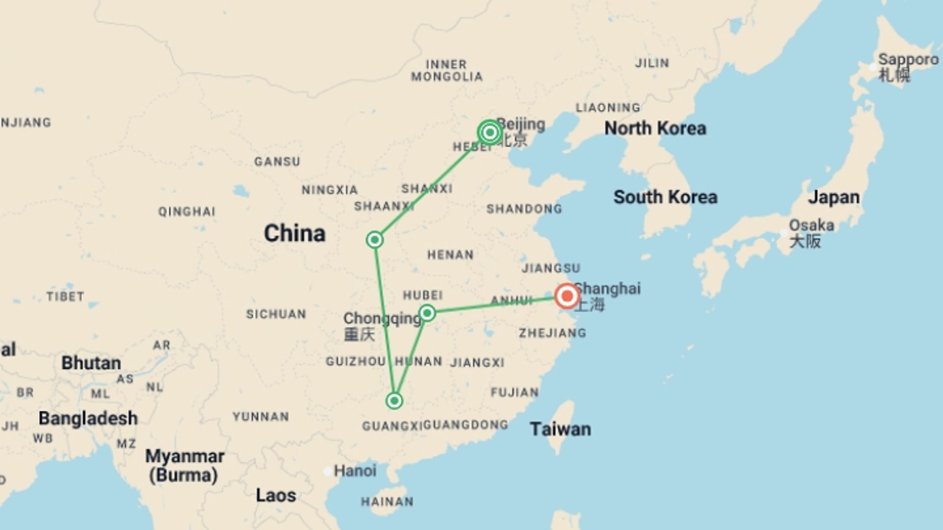 A map showing the tour itinerary for the trip: Totally China, Guilin & Yangtze Cruise - 14 days, starting in Beijing, China and ending in Shanghai, China going through 3 other destinations.