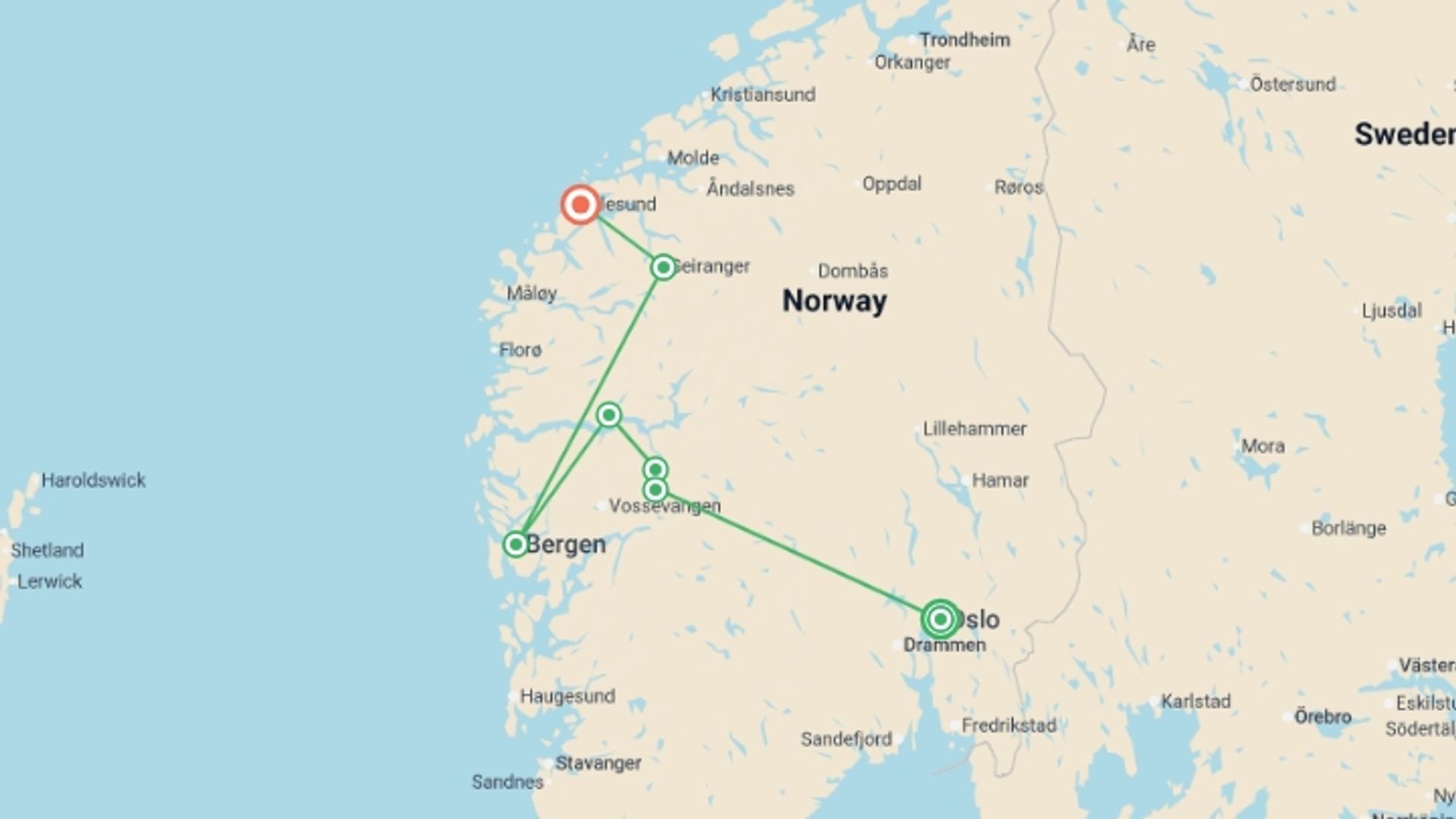 A map showing the tour itinerary for the trip: Best of the Norwegian Fjords - 9 days, starting in Oslo, Norway and ending in Alesund, Norway going through 3 other destinations.