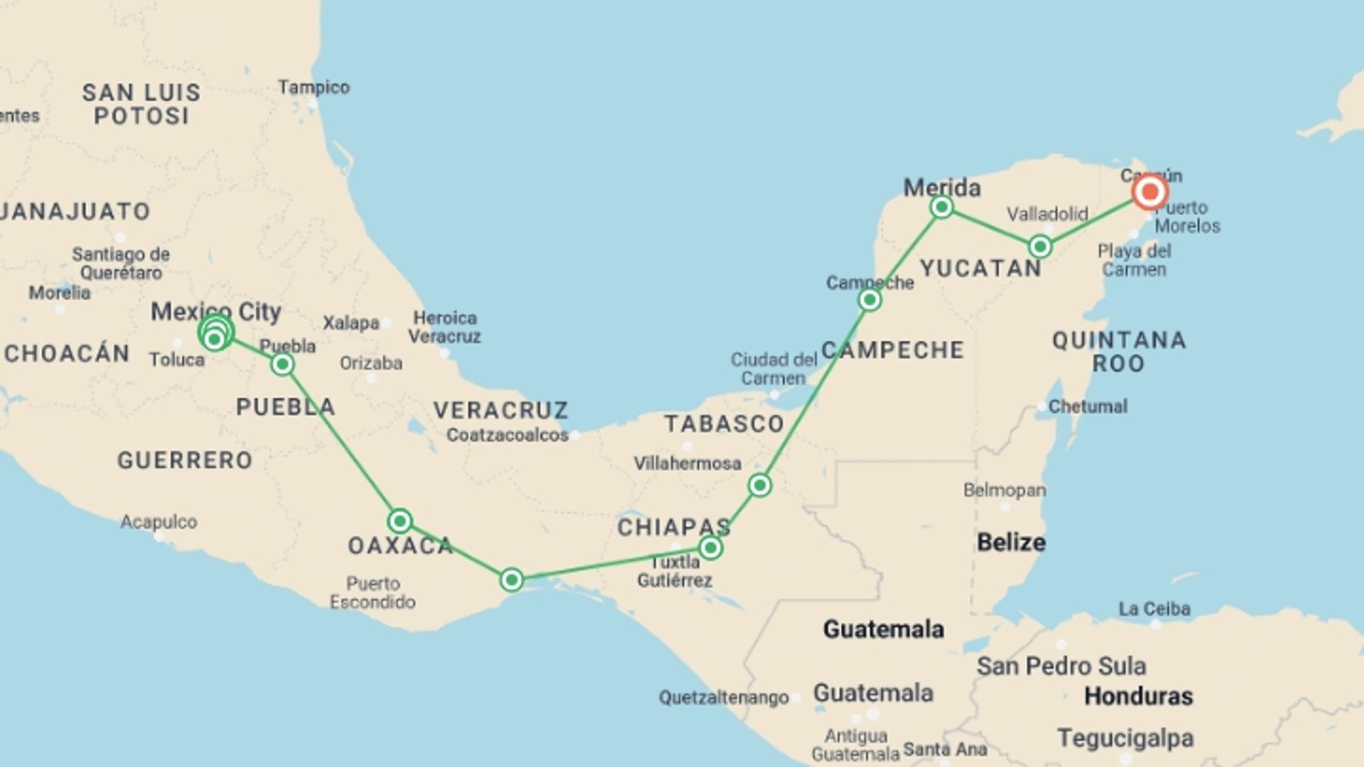 A map showing the tour itinerary for the trip: Discover Mexico - Day of the Dead (Oaxaca), starting in Mexico City, Mexico and ending in Cancún, Mexico going through 9 other destinations.