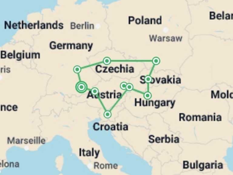 Map of Europe Tour with 6 destination visits for the trip: Eastern Highlights