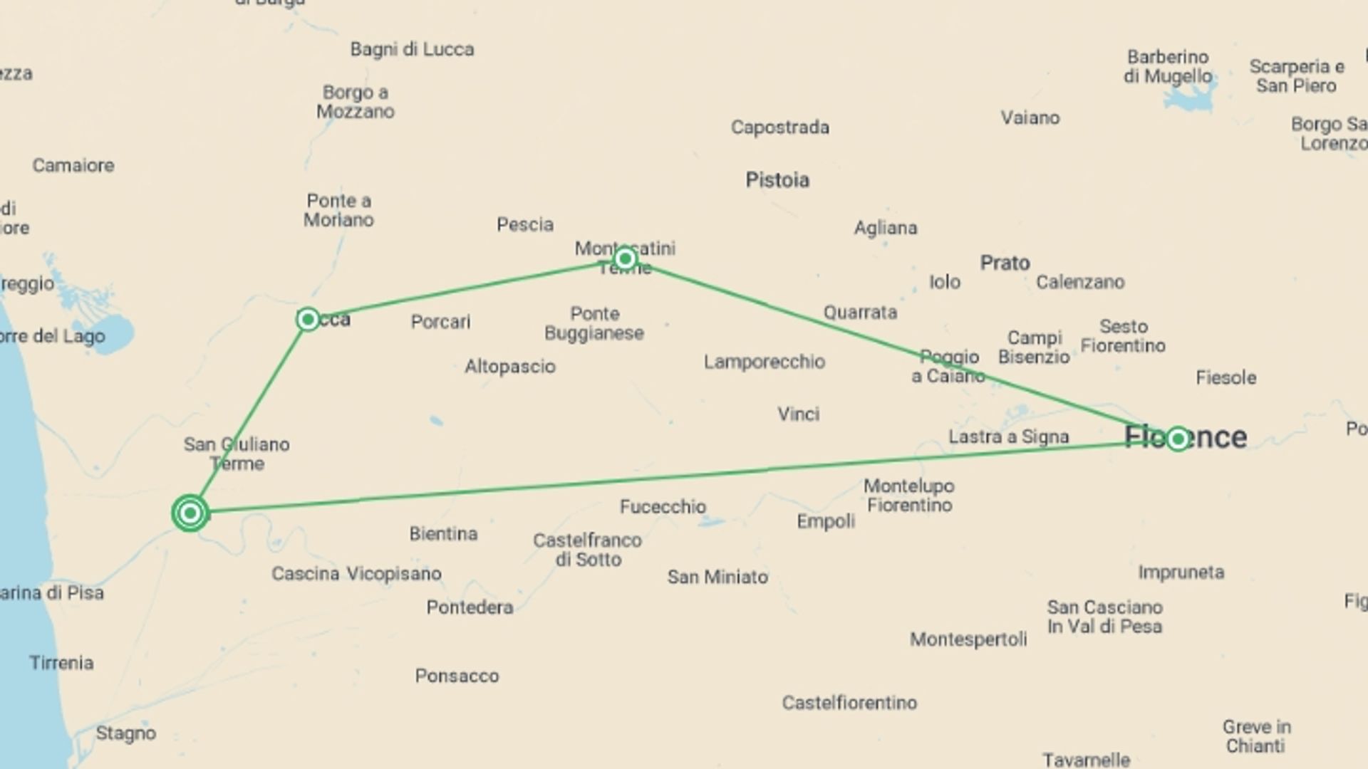 A map showing the tour itinerary for the trip: Cycle Pisa to Florence, starting in Pisa, Italy and ending in Pisa, Italy going through 3 other destinations.