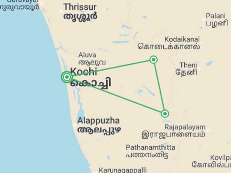 Map itinerary of Asia Tour in February 2027 with 4 destination visits for the trip: A Taste of Southern India - Temples and Tea Plantations