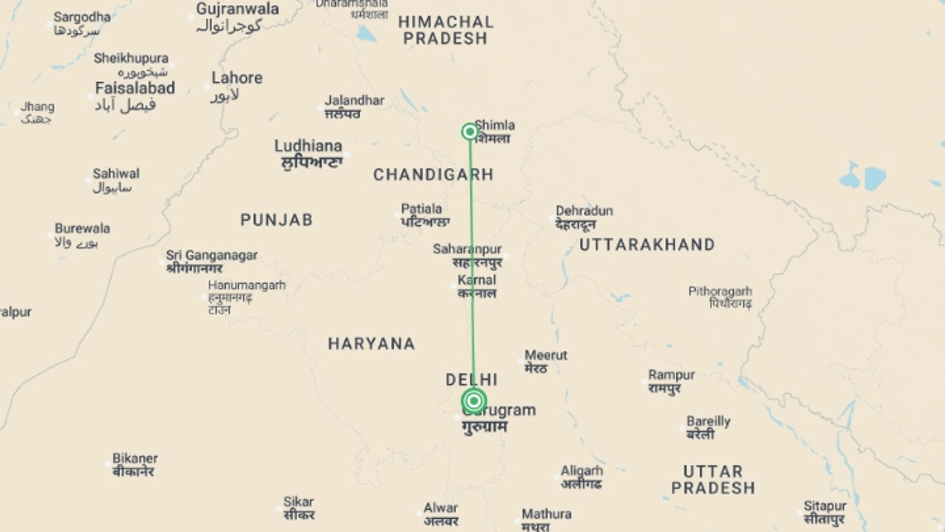 A map showing the tour itinerary for the trip: Shimla - 4 days, starting in New Delhi, India and ending in New Delhi, India going through 1 other destinations.