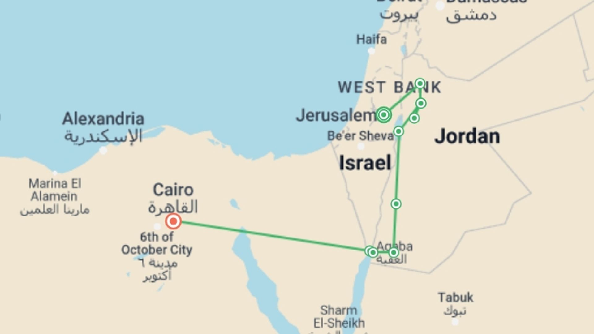 A map showing the tour itinerary for the trip: Classical Jerusalem, Jordan and Cairo, starting in Jerusalem, Israel and ending in Cairo, Egypt going through 5 other destinations.