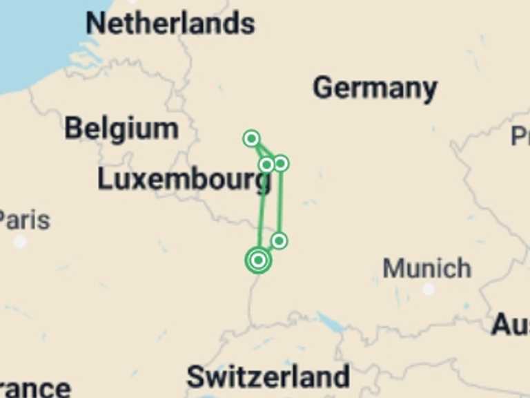 Map of Strasbourg Cruise Tour with 5 destination visits for the trip: The romantic Rhine Valley and the rock of the Lorelei (port-to-port cruise)