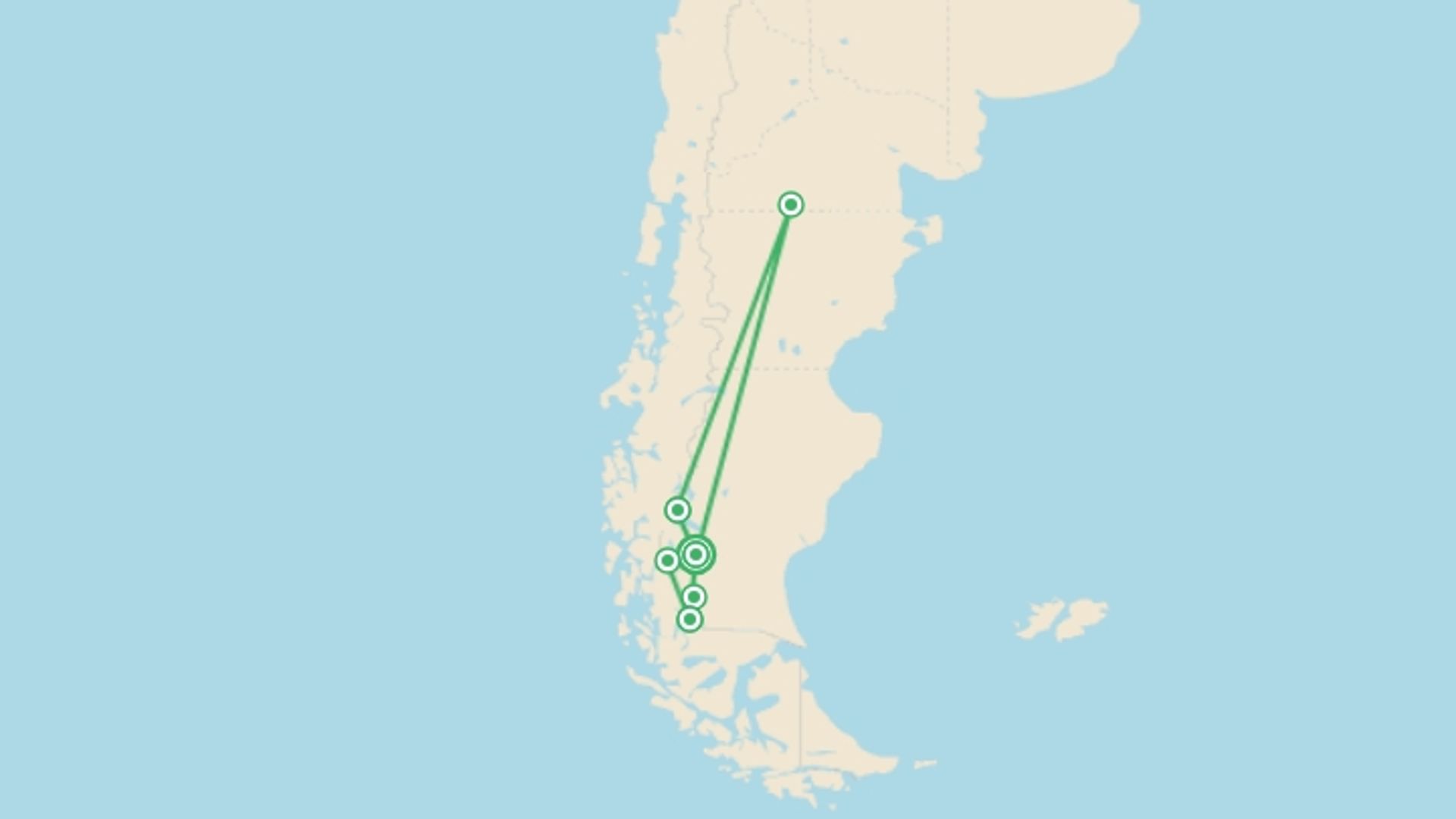 A map showing the tour itinerary for the trip: Fixed Group Tour: Patagonia Essentials , starting in El Calafate, Argentina and ending in El Calafate, Argentina going through 5 other destinations.