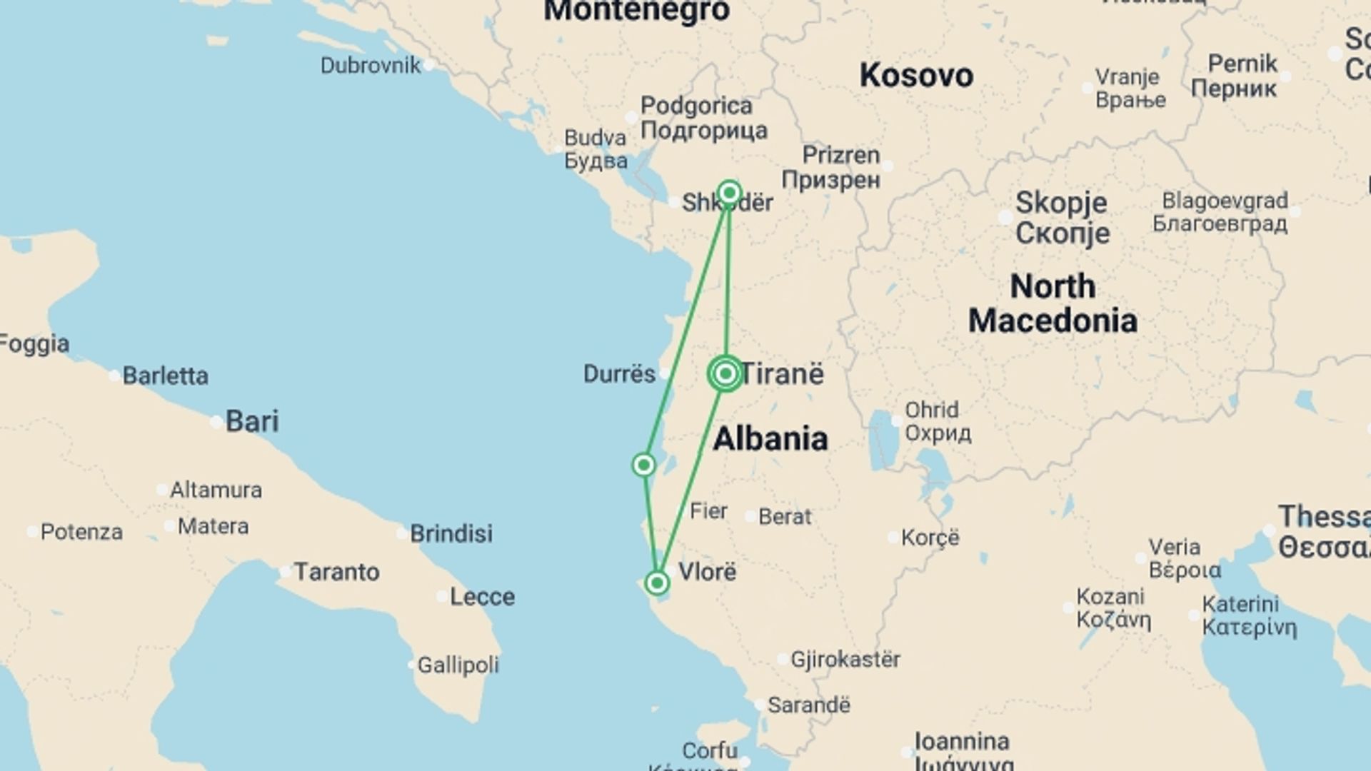 A map showing the tour itinerary for the trip: Albania Adventure, starting in Tirana, Albania and ending in Tirana, Albania going through 3 other destinations.