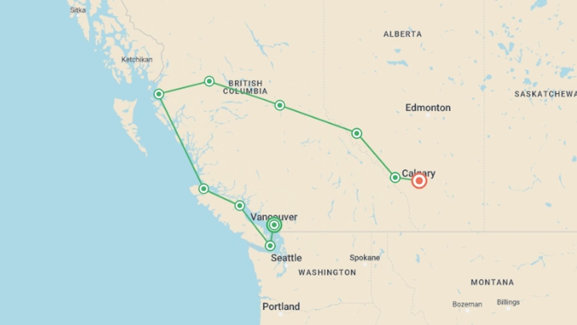 A map showing the tour itinerary for the trip: Splendours of Western Canada, starting in Vancouver, Canada and ending in Calgary, Canada going through 5 other destinations.
