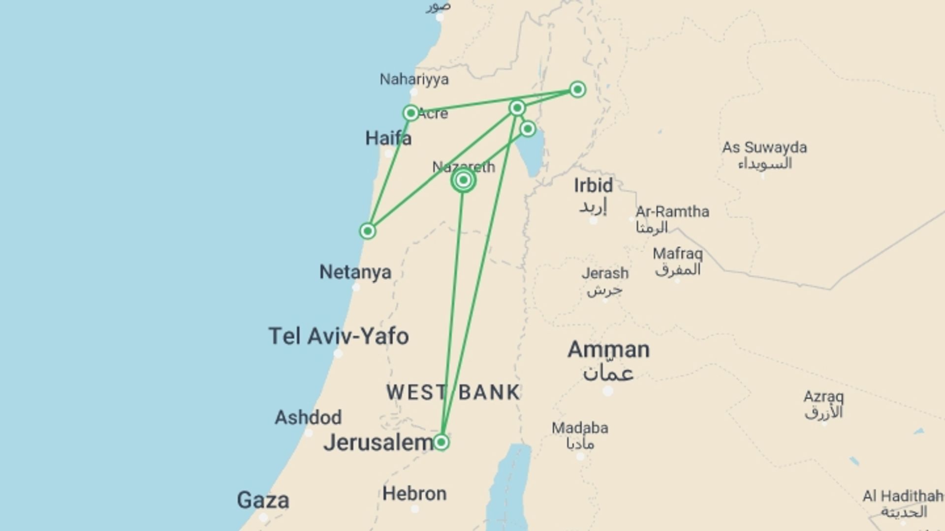 A map showing the tour itinerary for the trip: Caesarea, Galilee And Golan Tour, 4 Days From Jerusalem, starting in Nazareth, Israel and ending in Nazareth, Israel going through 4 other destinations.