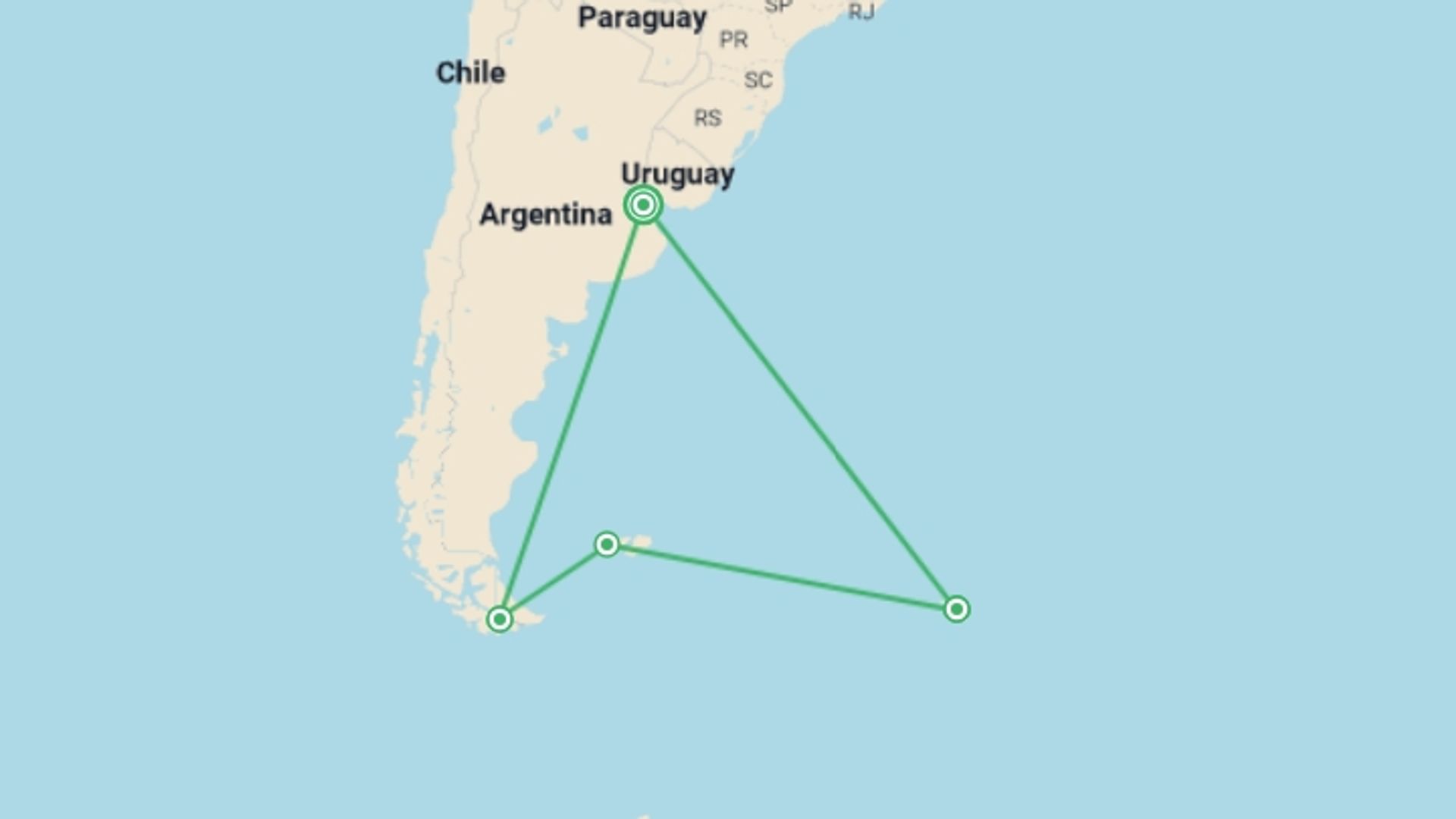 A map showing the tour itinerary for the trip: Epic Antarctica: The Falklands, South Georgia and Crossing the Circle, starting in Buenos Aires, Argentina and ending in Buenos Aires, Argentina going through 4 other destinations.