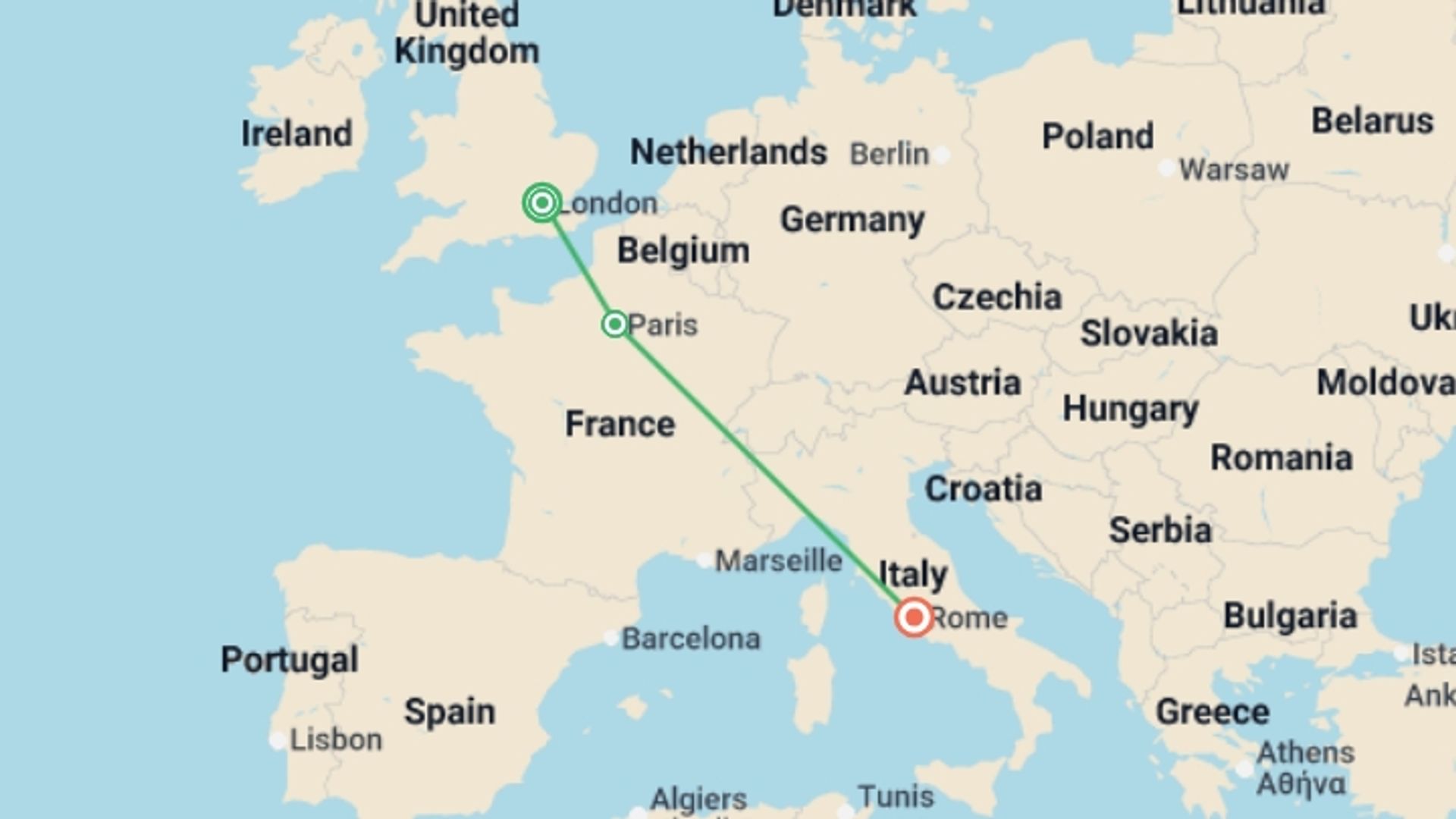 A map showing the tour itinerary for the trip: London Paris and Rome City Package, starting in London, England and ending in Rome, Italy going through 1 other destinations.