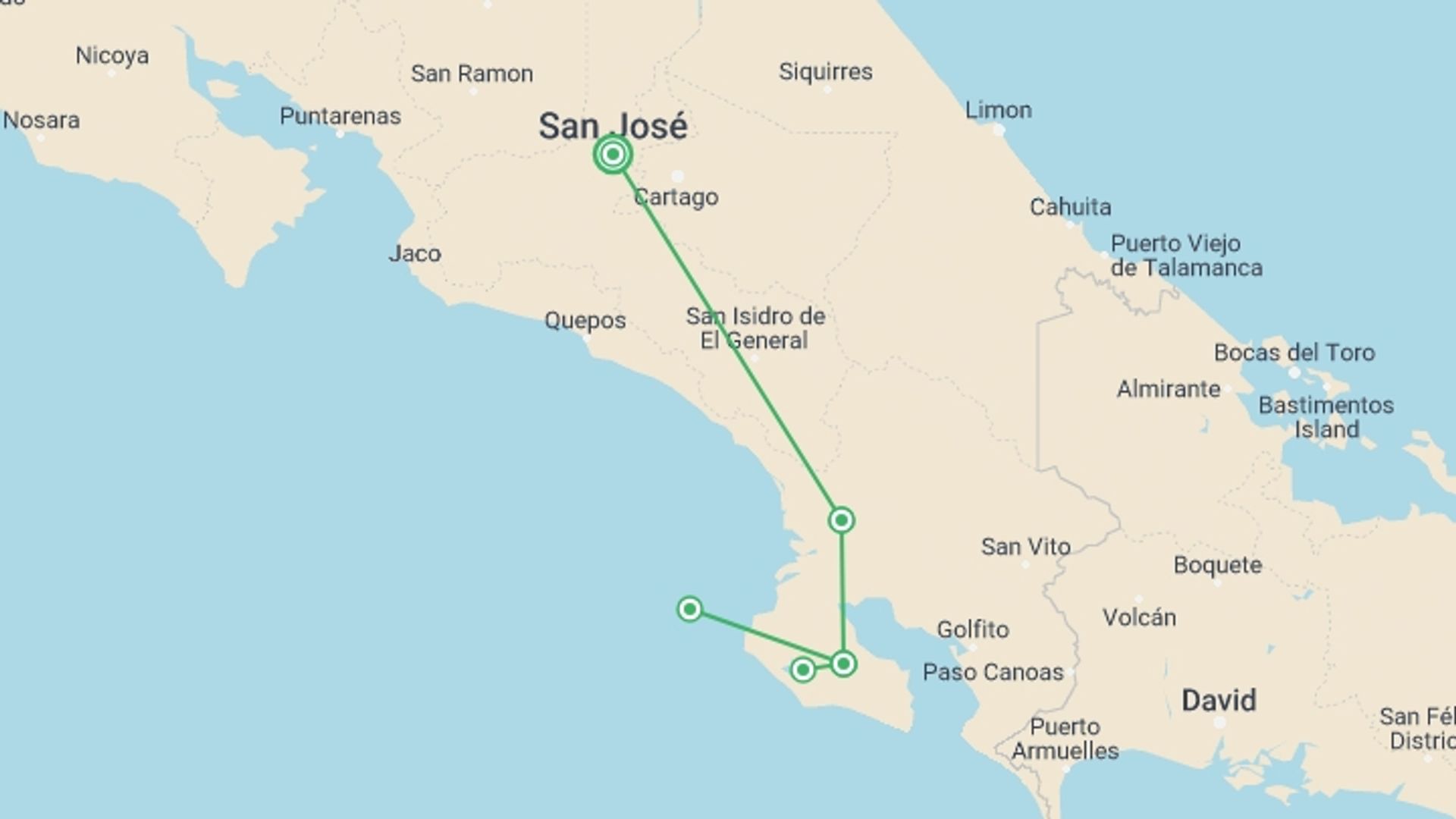 A map showing the tour itinerary for the trip: Corcovado Classic Experience, Short Break, starting in San Jose, Costa Rica and ending in San Jose, Costa Rica going through 1 other destinations.