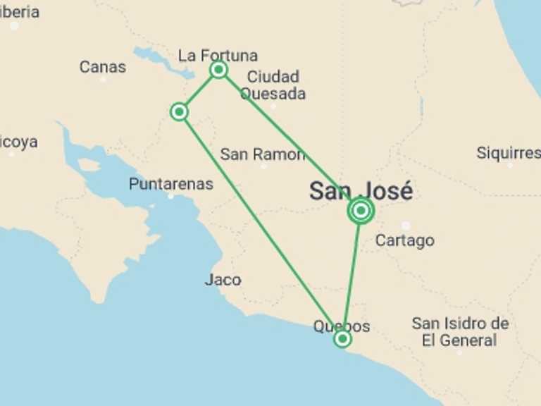 Map of a Wildlife Tour with 5 destination visits for the trip: Costa Rica Quest