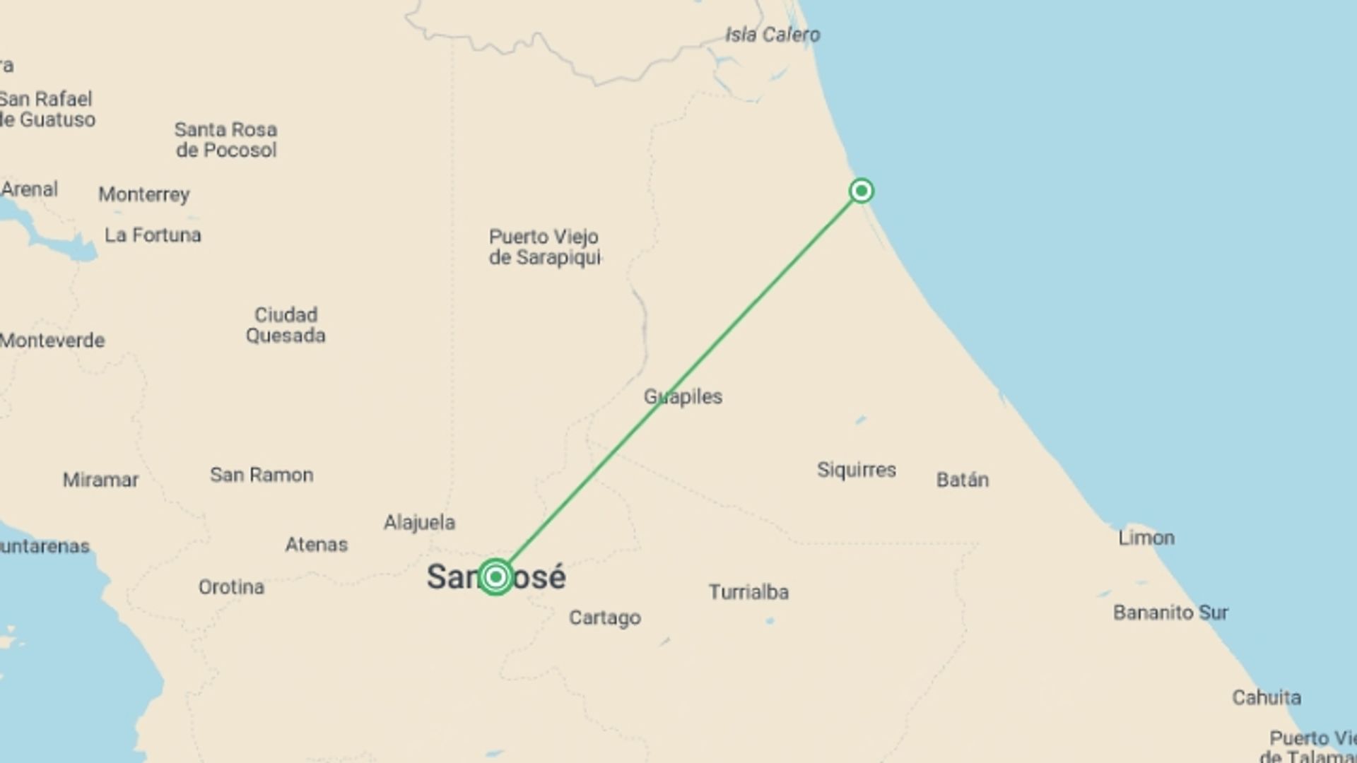 A map showing the tour itinerary for the trip: Tortuguero Jungle Expedition, Short Break (on Request), starting in Tortuguero National Park, Costa Rica and ending in San Jose, Costa Rica going through 1 other destinations.