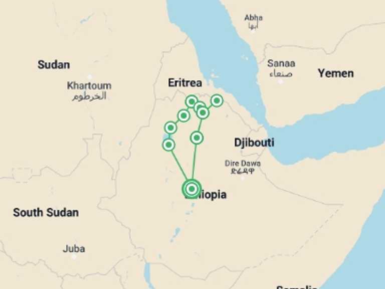 Map of Ethiopia Tour with 8 destination visits for the trip: Charming Ethiopia