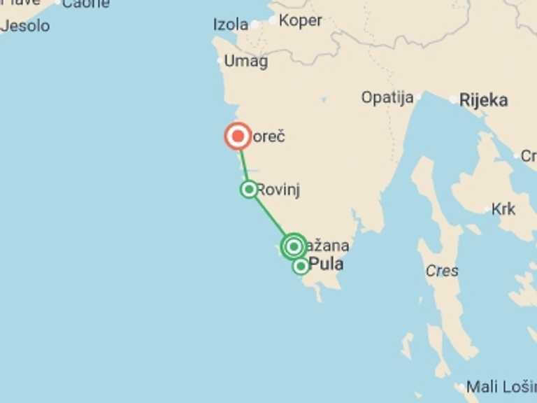 Map itinerary of Europe Tour in June 2026 with 4 destination visits for the trip: Coastal Croatia: Porec to Pula Cycling