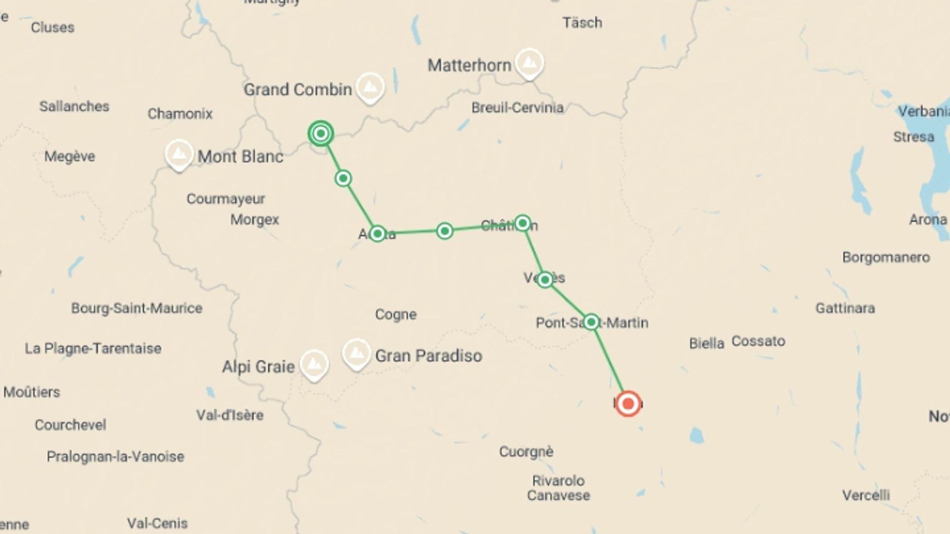 A map showing the tour itinerary for the trip: Via Francigena: from the Great St Bernard Pass, starting in Great St Bernard Pass, Switzerland and ending in Ivrea, Italy going through 6 other destinations.