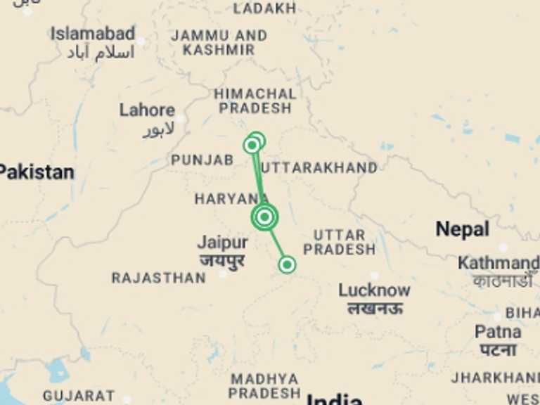 Map of New Delhi Yoga Tour with 3 destination visits for the trip: Wellness Retreat India Luxury Tour Packages