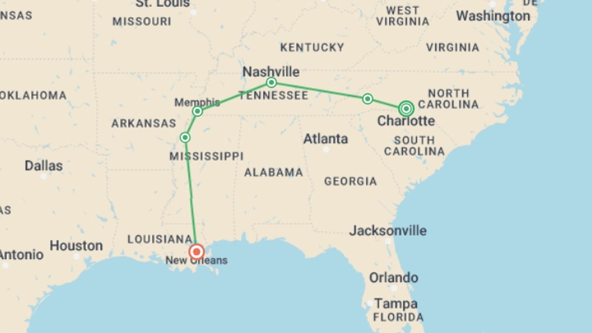 A map showing the tour itinerary for the trip: USA's Deep South - Country & Blues, starting in Charlotte, USA and ending in New Orleans, USA going through 4 other destinations.