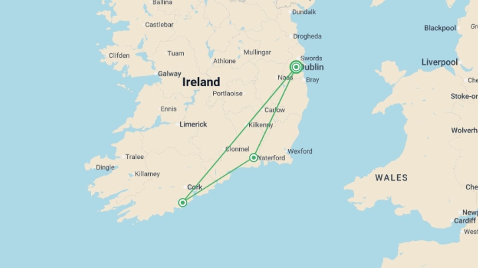 A map showing the tour itinerary for the trip: Ireland's Ancient South - 5 days, starting in Dublin, Ireland and ending in Dublin, Ireland going through 2 other destinations.