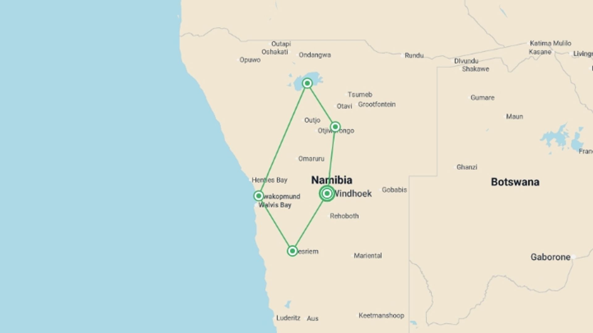 A map showing the tour itinerary for the trip: Discover Namibia Self Drive - 9 days, starting in Windhoek, Namibia and ending in Windhoek, Namibia going through 4 other destinations.