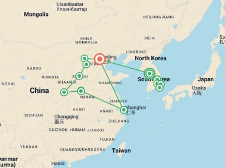 Map itinerary of Asia Tour in Spring with 10 destination visits for the trip: Korea and Classic China