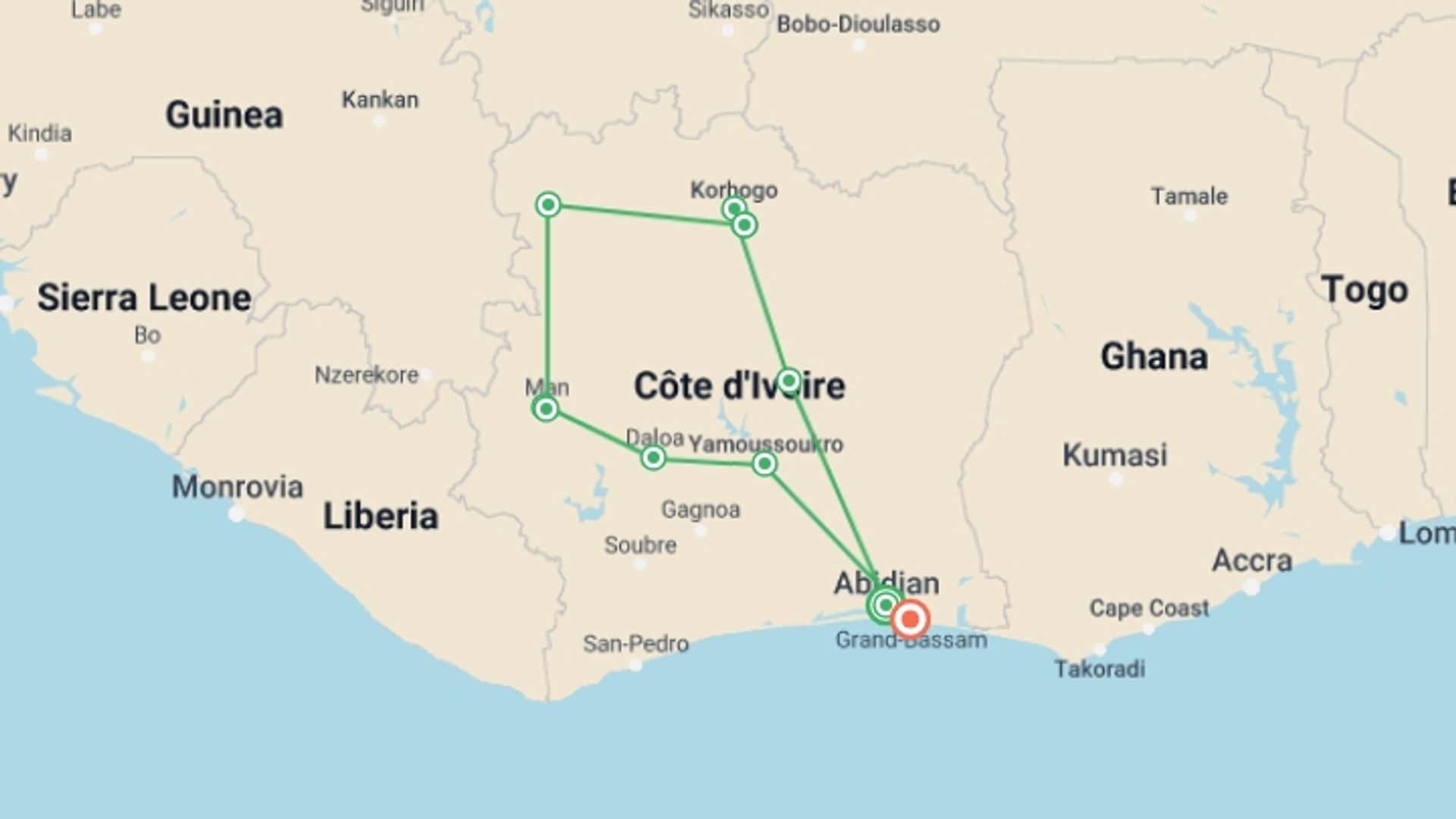 A map showing the tour itinerary for the trip: The Ivory Coast, starting in Abidjan, Ivory Coast and ending in Grand Bassam, Ivory Coast going through 8 other destinations.