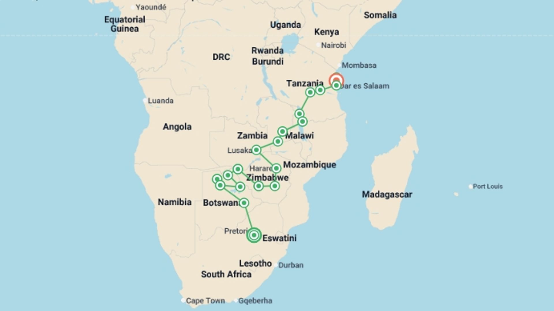 A map showing the tour itinerary for the trip: Johannesburg to Zanzibar, starting in Johannesburg, South Africa and ending in Zanzibar, Tanzania going through 19 other destinations.