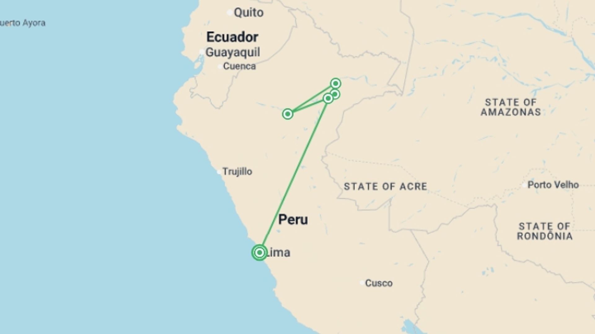 A map showing the tour itinerary for the trip: Peruvian Rivers & Rainforest Discovery (2027), starting in Lima, Peru and ending in Lima, Peru going through 4 other destinations.