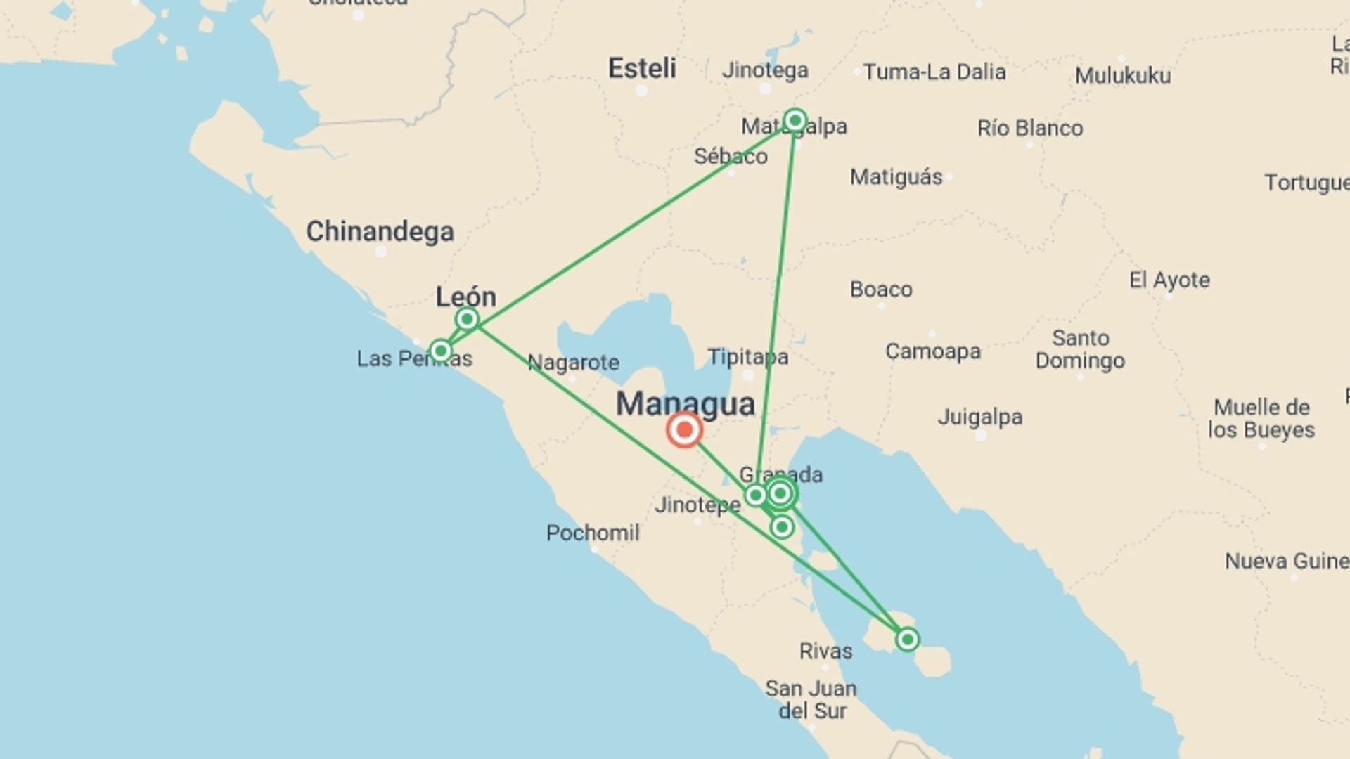 A map showing the tour itinerary for the trip: Nicaragua - Land of Lakes and Volcanoes, starting in Granada, Nicaragua and ending in Managua, Nicaragua going through 6 other destinations.