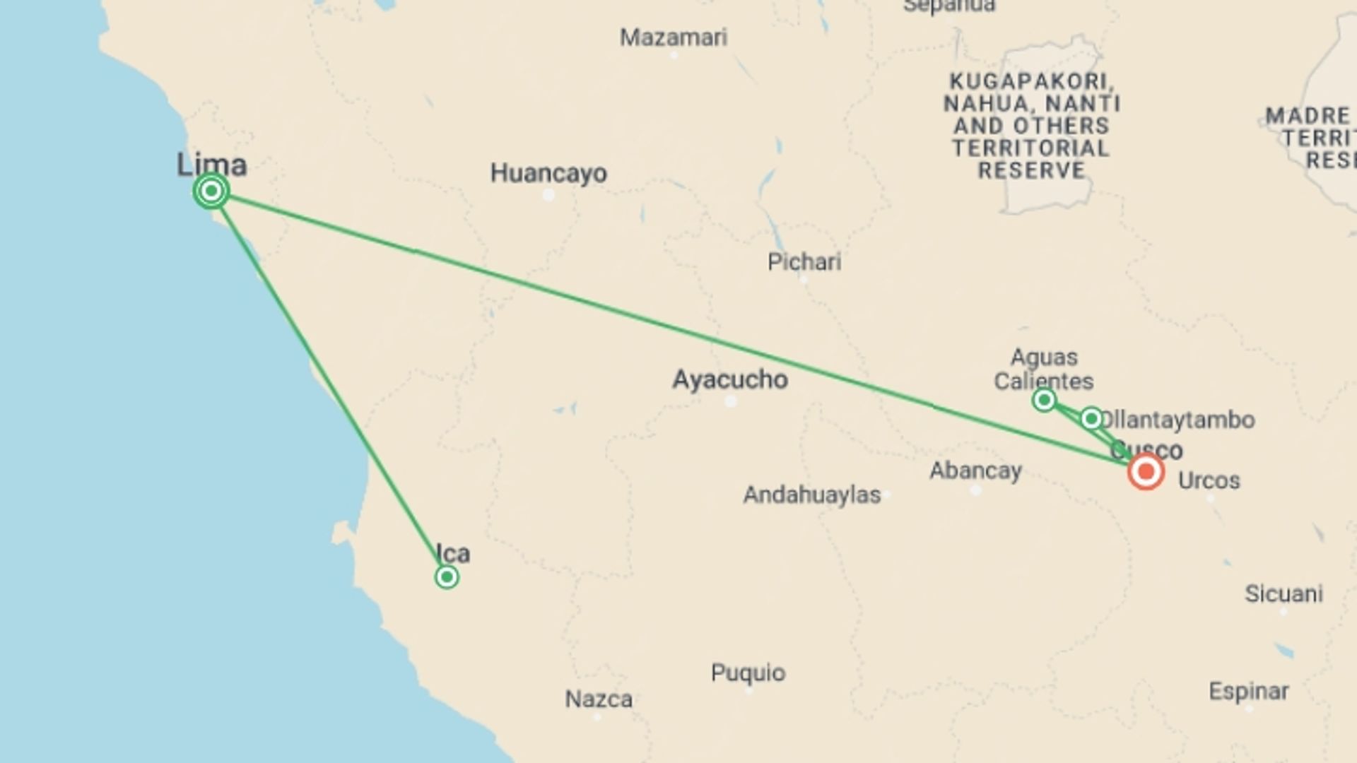 A map showing the tour itinerary for the trip: The Total Peru Package: Cities, Deserts & Inca Ruins, starting in Lima, Peru and ending in Cusco, Peru going through 3 other destinations.