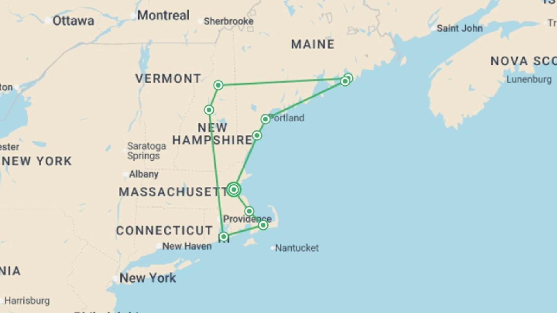 A map showing the tour itinerary for the trip: Colours of New England, starting in Boston, USA and ending in Boston, USA going through 7 other destinations.