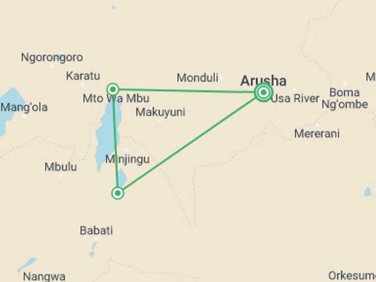 Map of 4-Day Ngorongoro Crater Tour with 4 destination visits for the trip: 3N/4D Classic African Game Safari
