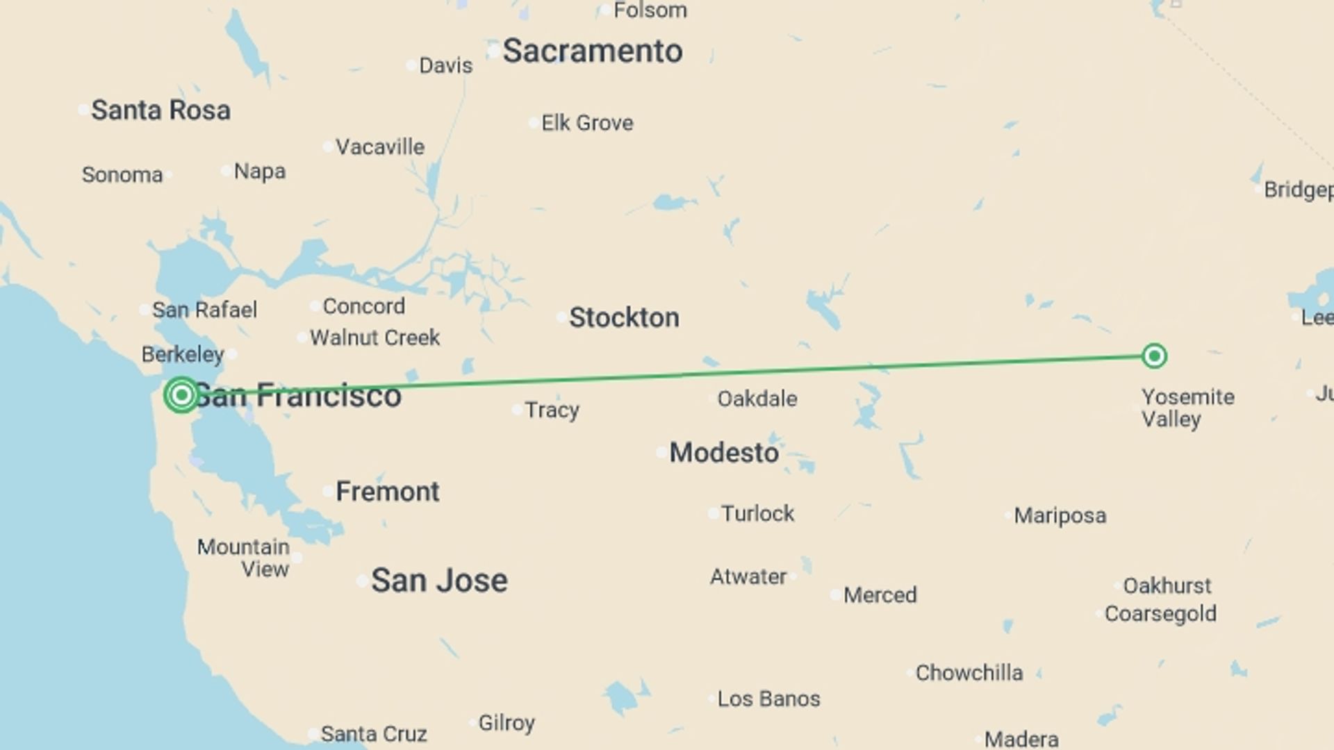 A map showing the tour itinerary for the trip: Hiking in Yosemite National Park, starting in San Francisco, USA and ending in San Francisco, USA going through 1 other destinations.