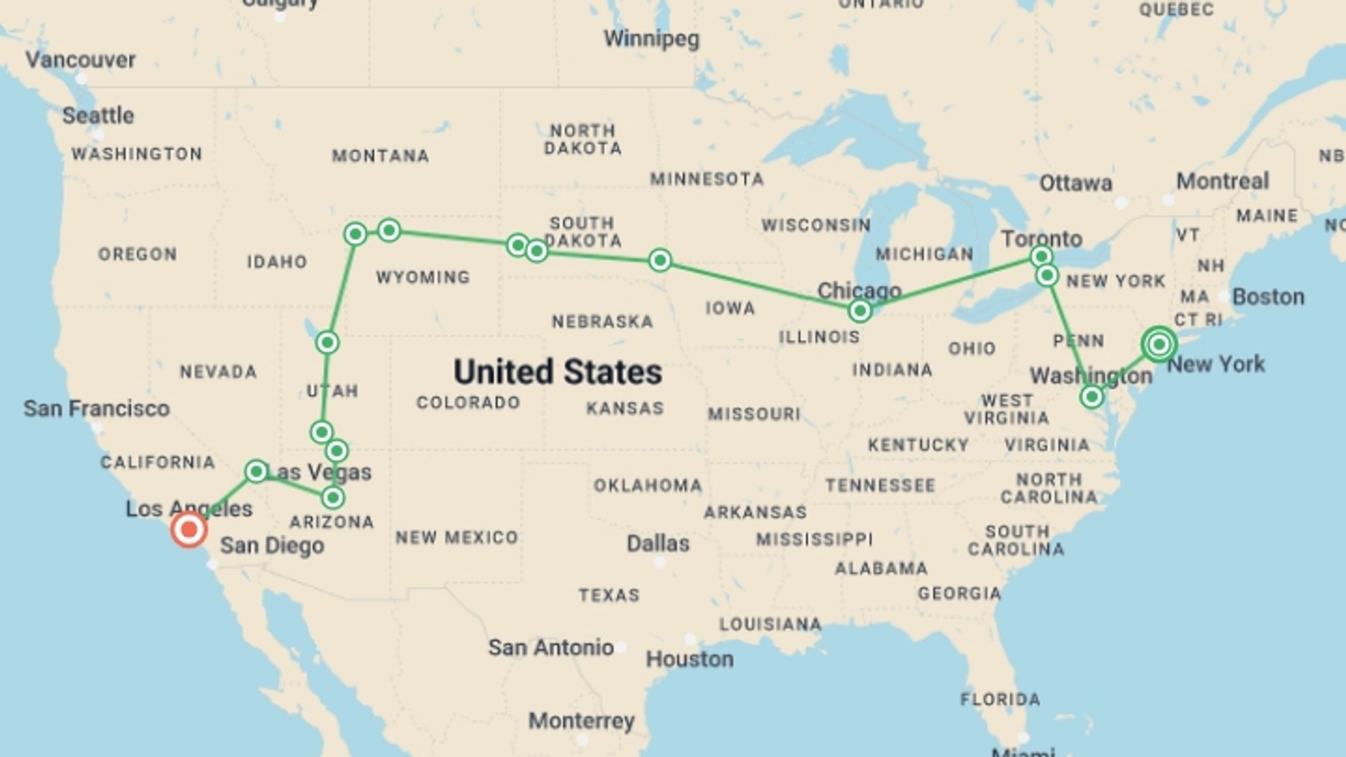 A map showing the tour itinerary for the trip: New York to Hollywood, starting in New York, USA and ending in Los Angeles, USA going through 13 other destinations.