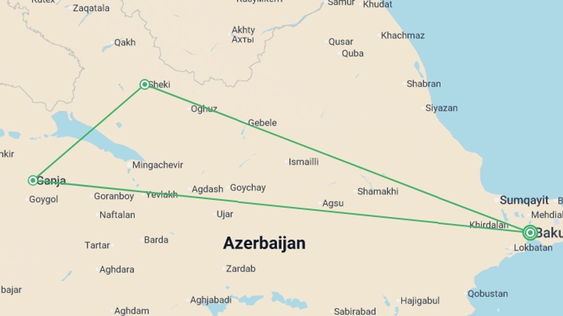 A map showing the tour itinerary for the trip: Azerbaijan Highlights, starting in Baku, Azerbaijan and ending in Baku, Azerbaijan going through 2 other destinations.