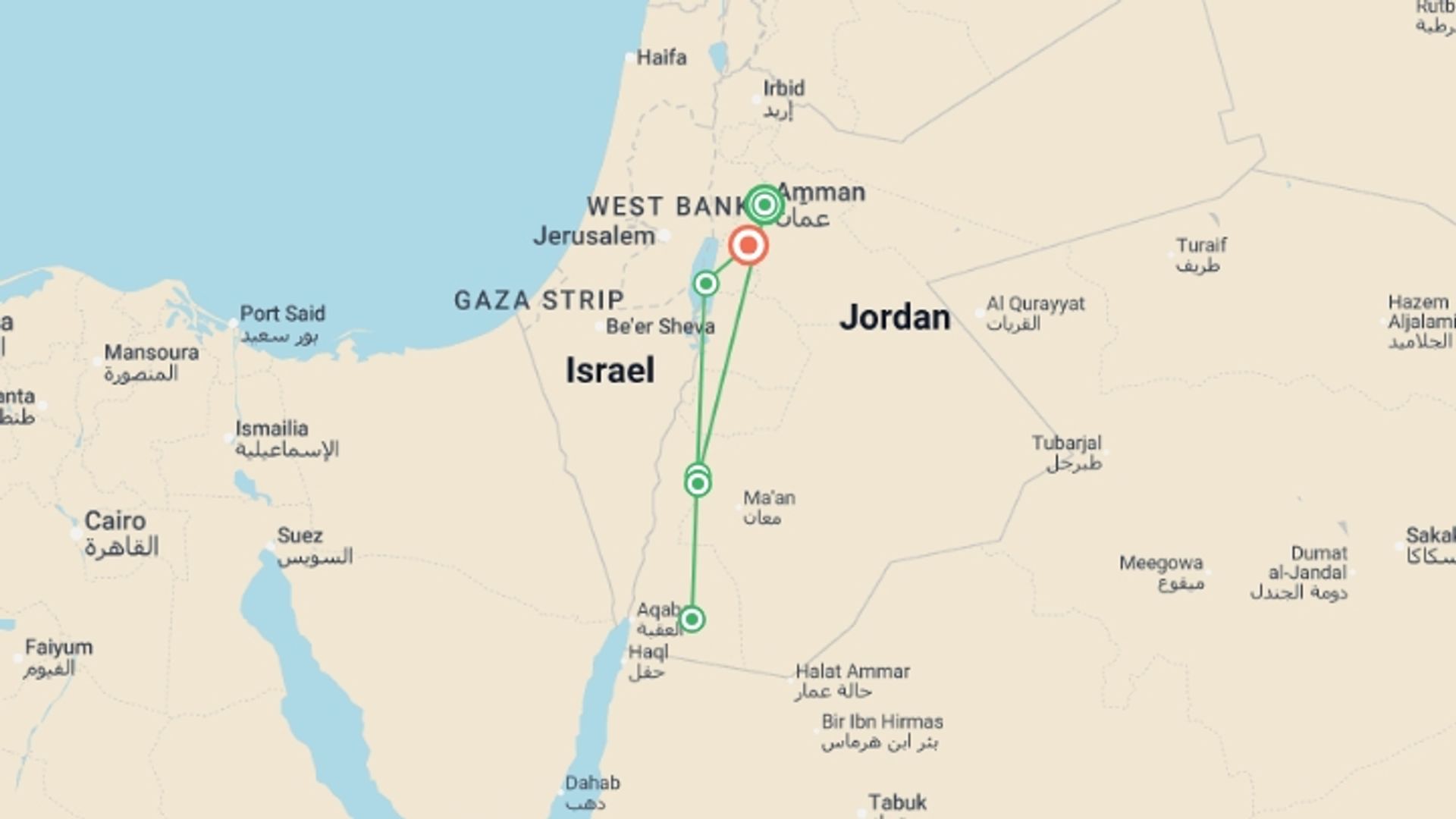 A map showing the tour itinerary for the trip: Hiking in Jordan: Petra and Wadi Rum, starting in Amman, Jordan and ending in Madaba, Jordan going through 4 other destinations.