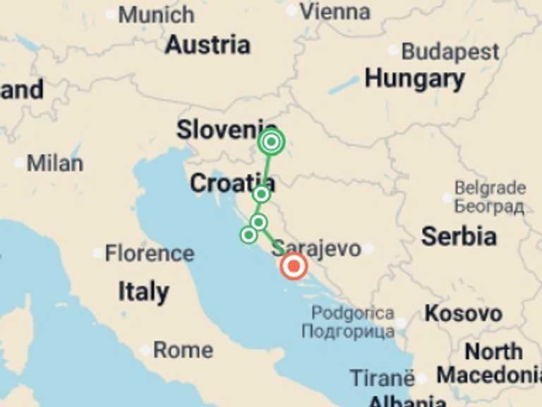 Map of Europe Tour with 5 destination visits for the trip: Walks and Coastal Towns of Croatia