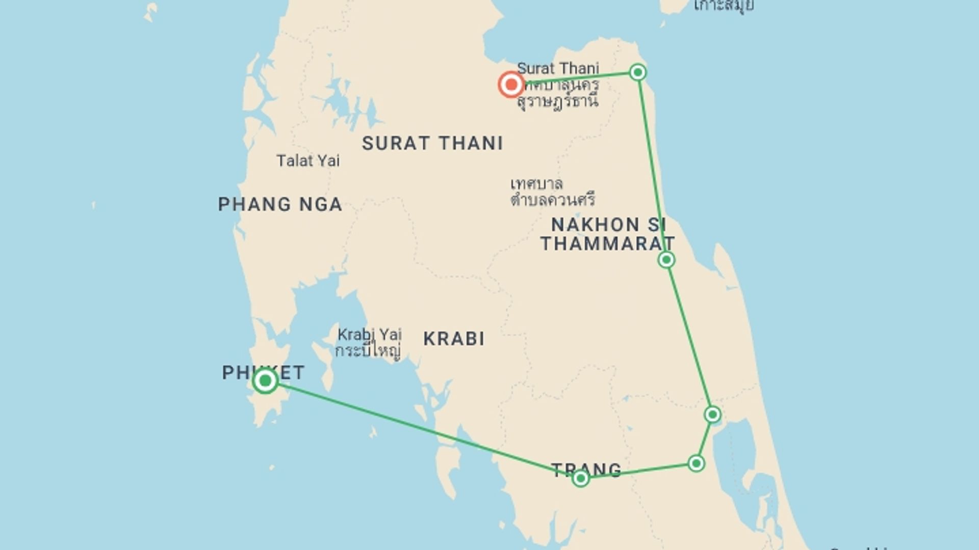 A map showing the tour itinerary for the trip: Andaman To Gulf, Small Group Tour, starting in Phuket, Thailand and ending in Surat Thani, Thailand going through 3 other destinations.