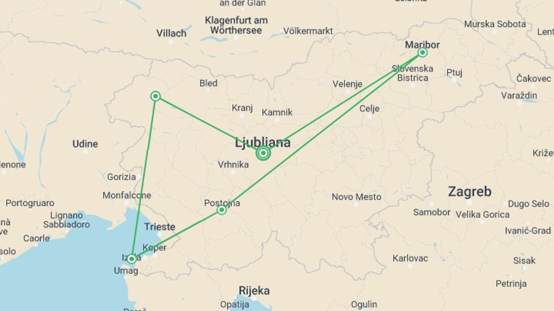 A map showing the tour itinerary for the trip: Enchanting Slovenia Small Group Adventure, starting in Ljubljana, Slovenia and ending in Ljubljana, Slovenia going through 4 other destinations.