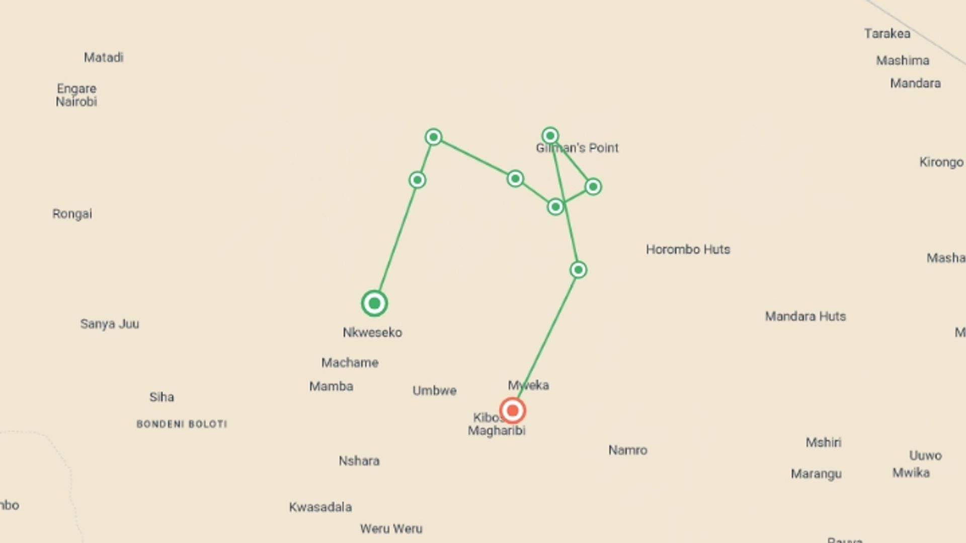 A map showing the tour itinerary for the trip: Summit Kilimanjaro via Machame Route: 7 Days, starting in Machame Park Gate, Tanzania and ending in Mweka Gate, Tanzania going through 8 other destinations.