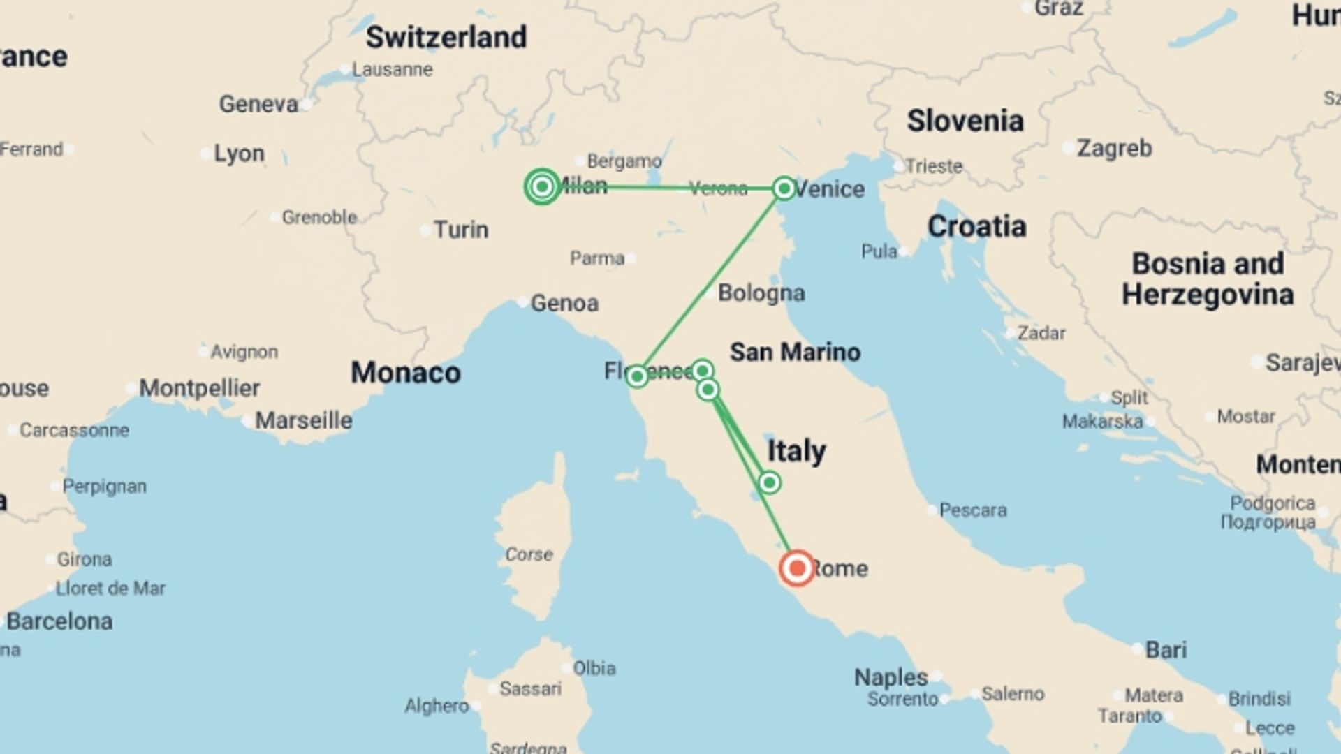 A map showing the tour itinerary for the trip: Italian Intermezzo, starting in Milan, Italy and ending in Rome, Italy going through 3 other destinations.