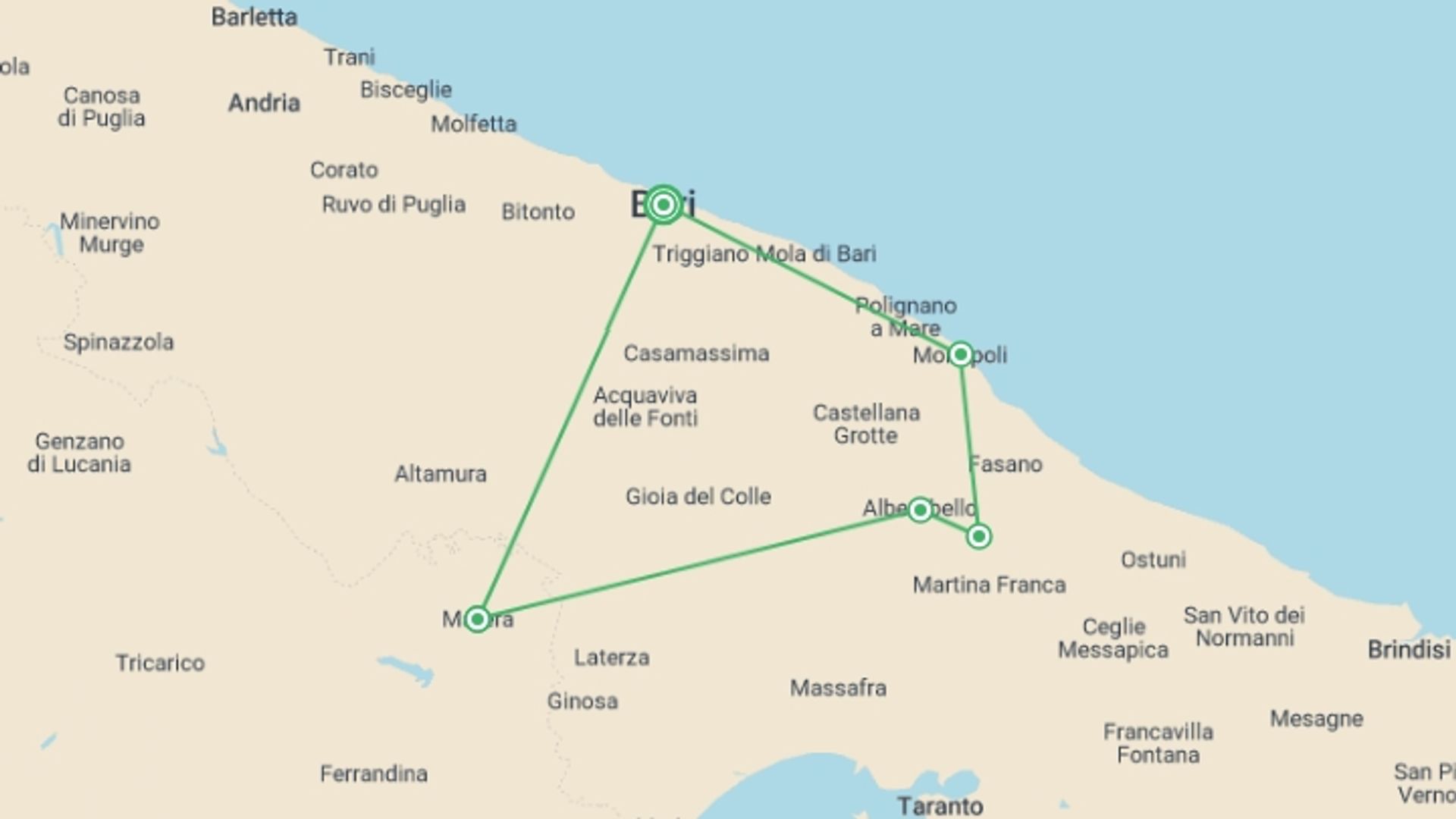 A map showing the tour itinerary for the trip: Journey through Puglia to Matera, starting in Bari, Italy and ending in Bari, Italy going through 4 other destinations.