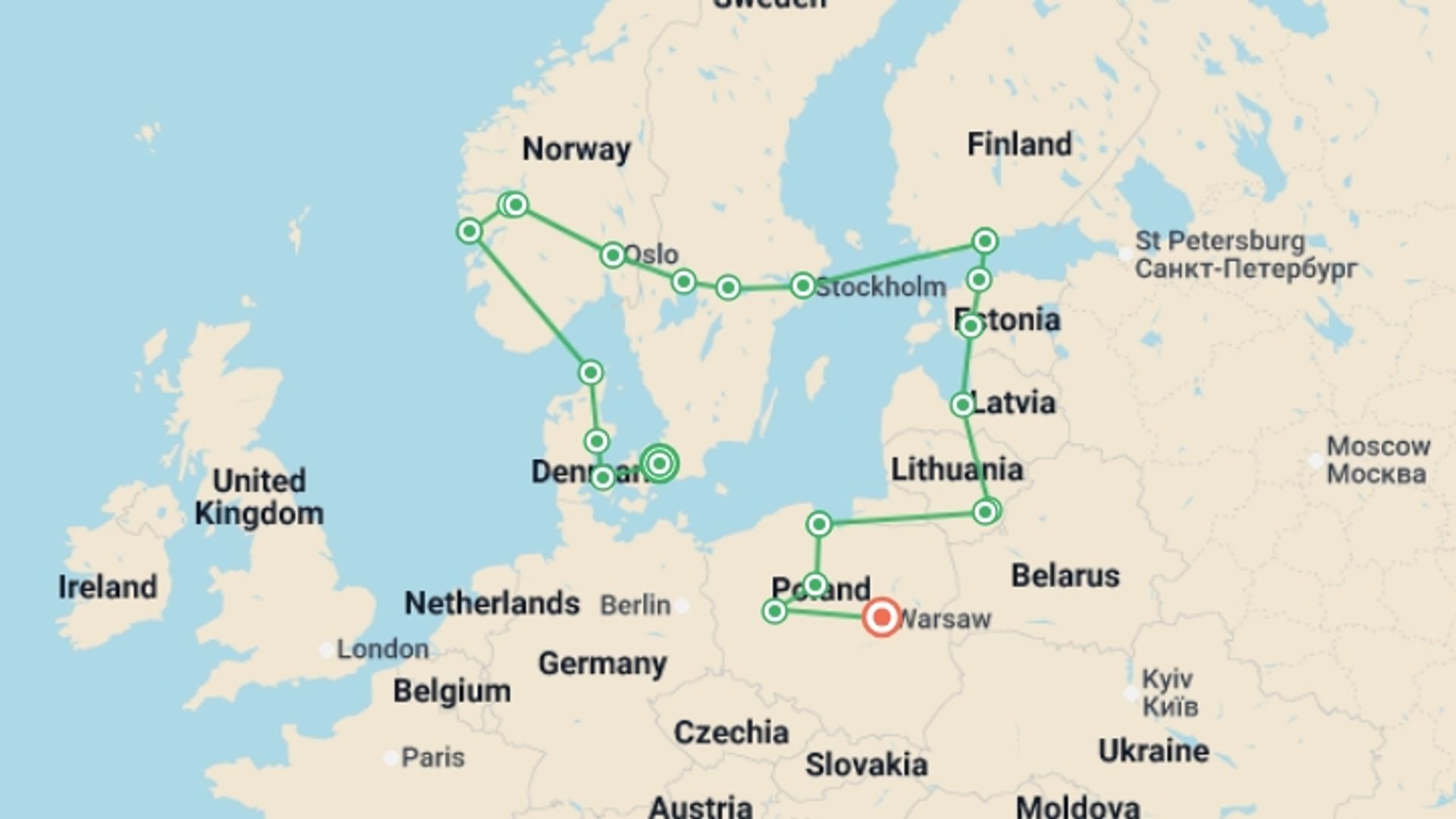 A map showing the tour itinerary for the trip: Best of Scandinavia & the Baltics, starting in Copenhagen, Denmark and ending in Warsaw, Poland going through 10 other destinations.
