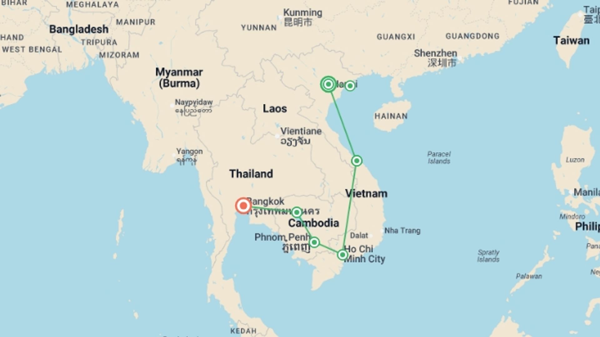 A map showing the tour itinerary for the trip: Journey to Angkor Wat & Bangkok - 16 days, starting in Hanoi, Vietnam and ending in Bangkok, Thailand going through 5 other destinations.